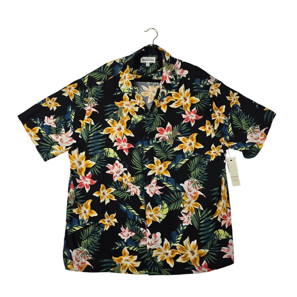 NWT No Boundaries Tropical Floral Button‎ Down Shirt Men 2XL Black Hawaiian